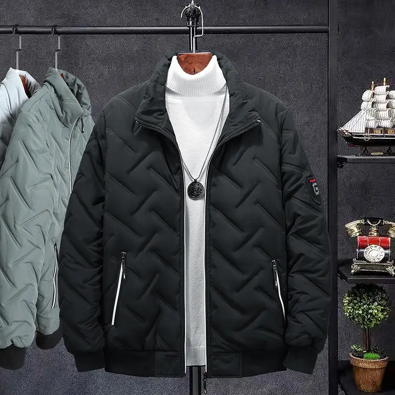 Men's Grey Quilted Jacket with Stand Collar 2023