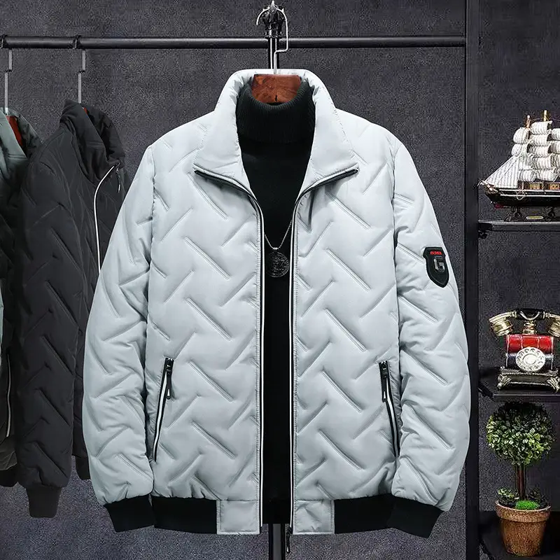 Men's Grey Quilted Jacket with Stand Collar 2023