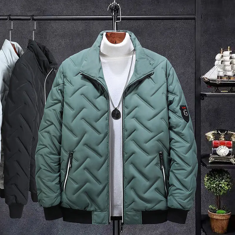 Men's Grey Quilted Jacket with Stand Collar 2023