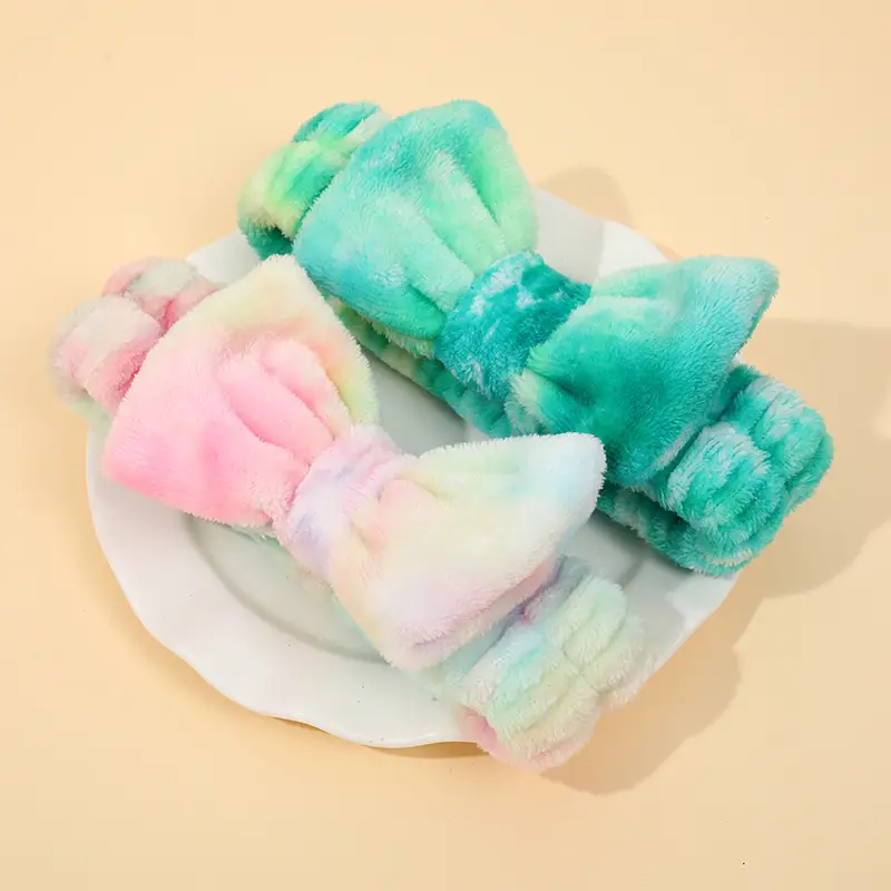 Flannel Bow Hair Bands Gradient Rainbow Women's Face Spa