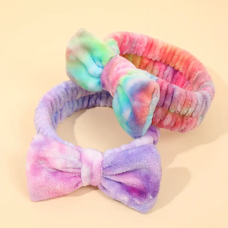 Flannel Bow Hair Bands Gradient Rainbow Women's Face Spa