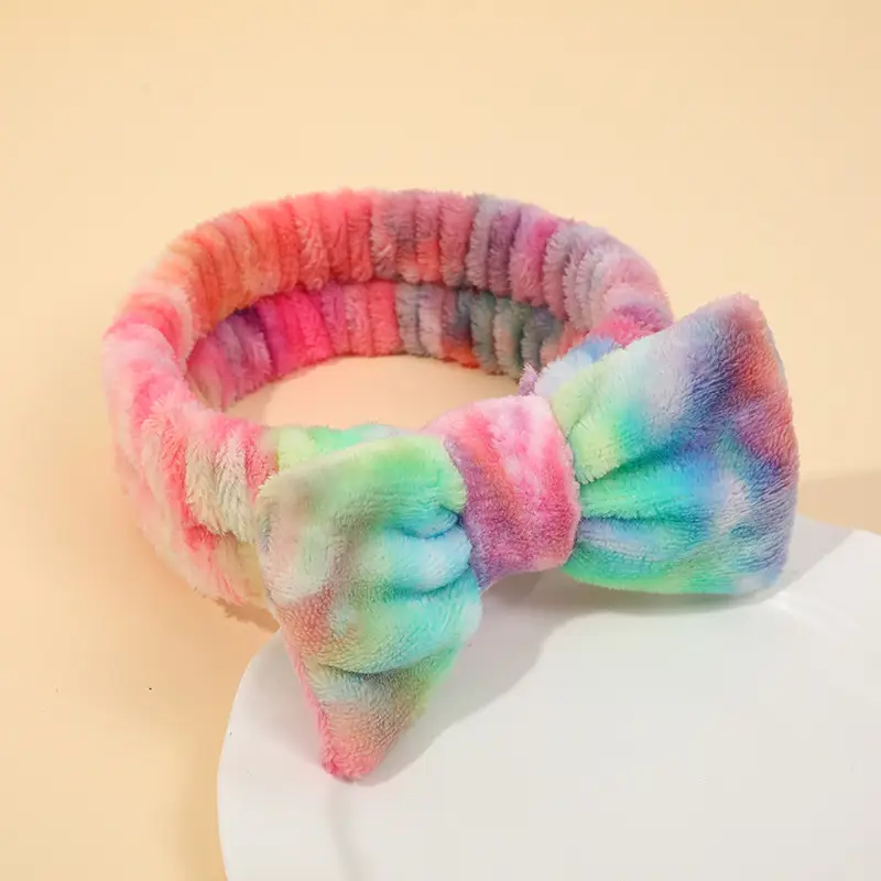 Flannel Bow Hair Bands Gradient Rainbow Women's Face Spa