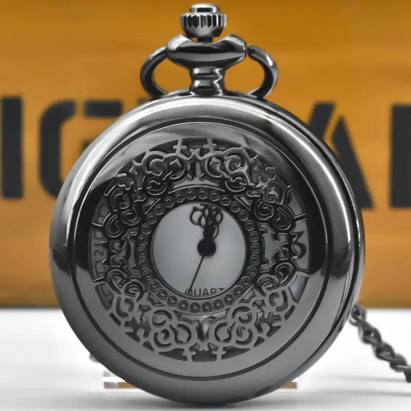 Vintage Hollow Classic Window Dial Quartz Pocket Watch Cool Black Chinese Aristocratic Style — feature 4