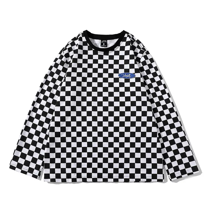 Hong Kong Style Checkerboard T-Shirt Long Sleeve Casual - Image 2