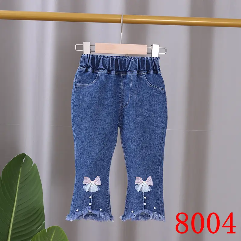 Girls Denim Flared Pants with Bow Embroidery 2024 - Image 2