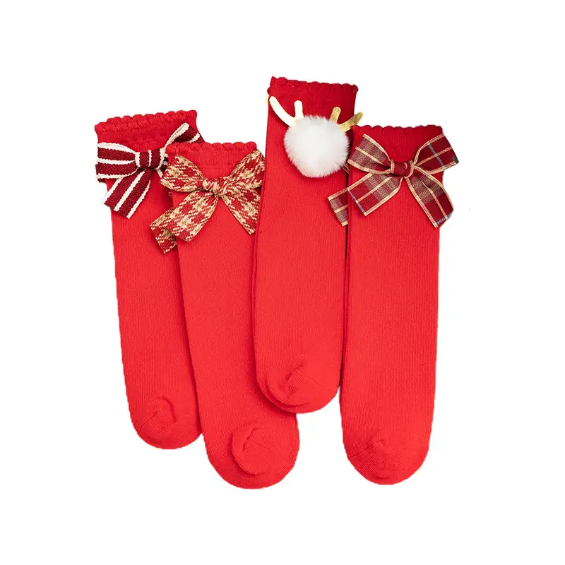 New Year Red Bow Kids Mid Socks Houndstooth Design - Image 8
