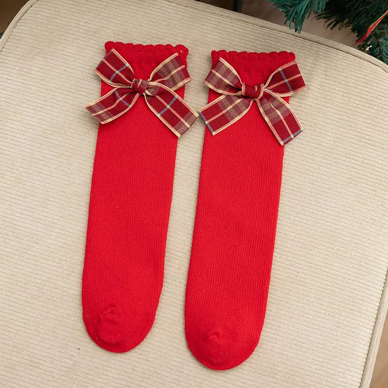 New Year Red Bow Kids Mid Socks Houndstooth Design - Image 3