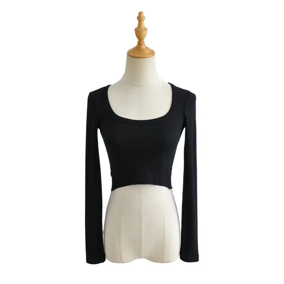 Black Long Sleeve Round Neck Slimming T-Shirt for Women — feature 4