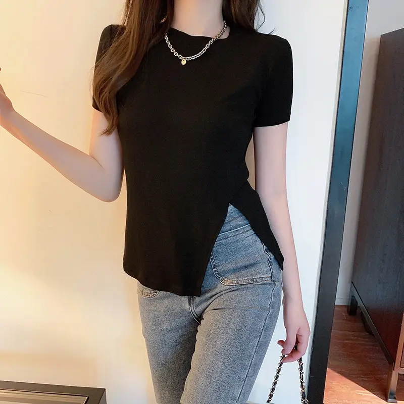Women Slim Fit White T-Shirt Side Slit 2025 Summer - Image 17