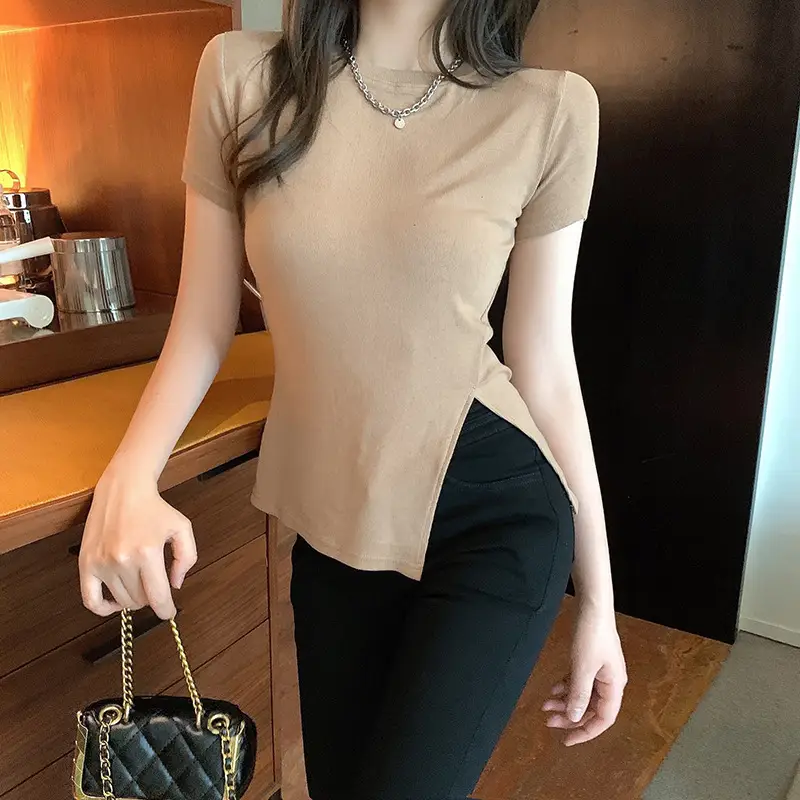 Women Slim Fit White T-Shirt Side Slit 2025 Summer - Image 18
