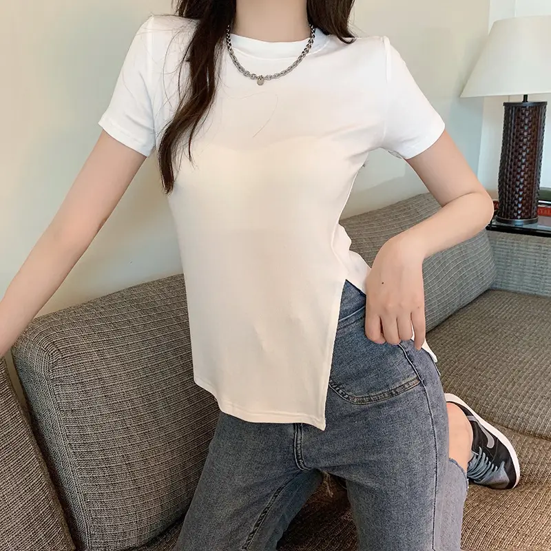 Women Slim Fit White T-Shirt Side Slit 2025 Summer - Image 19