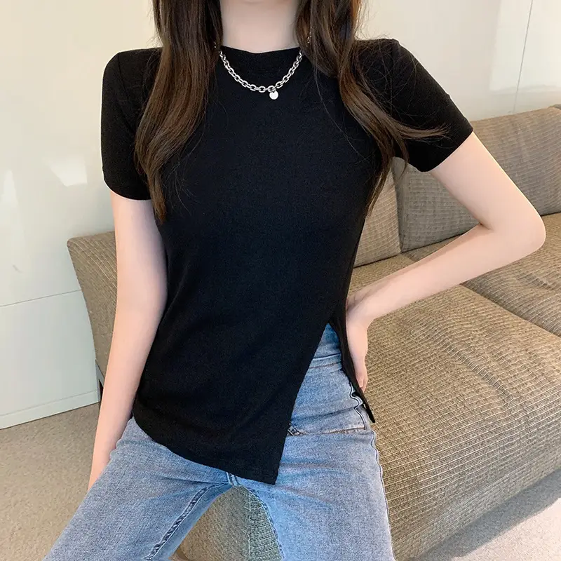 Women Slim Fit White T-Shirt Side Slit 2025 Summer - Image 20