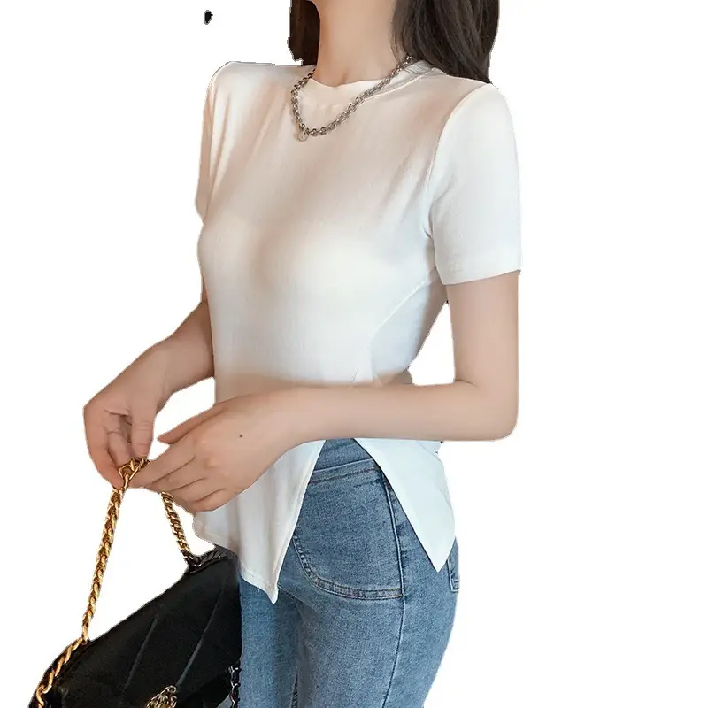 Women Slim Fit White T-Shirt Side Slit 2025 Summer - Image 21