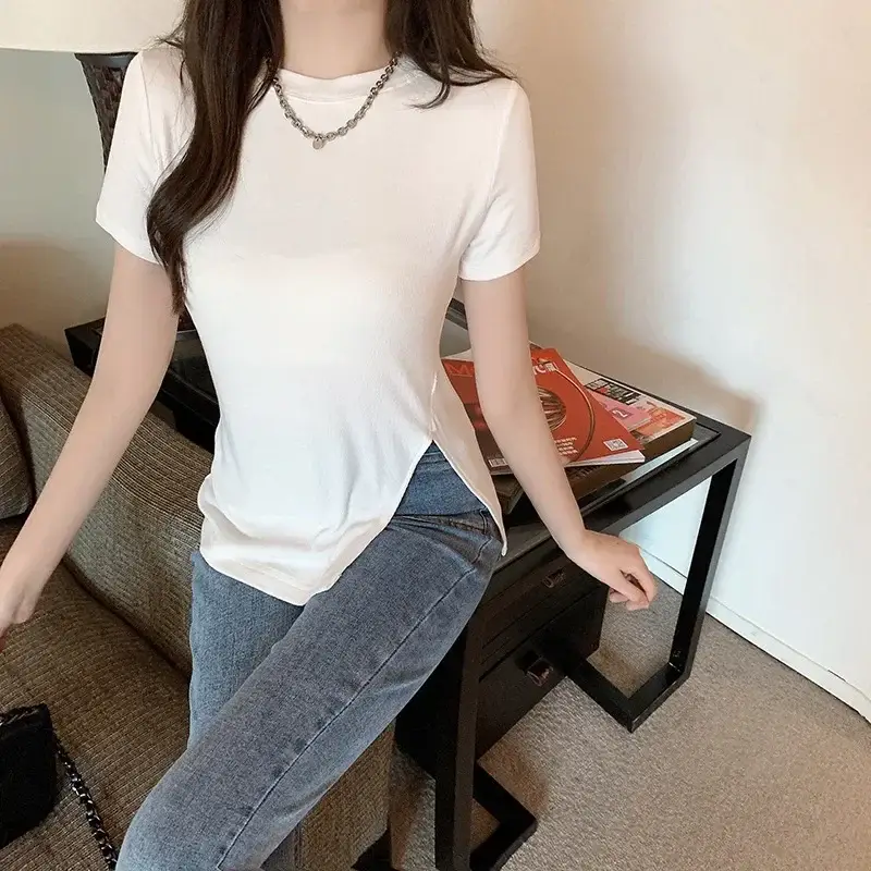 Women Slim Fit White T-Shirt Side Slit 2025 Summer - Image 7