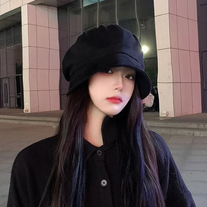 Three-In-One Beret Women Black Small Face Winter Pile Duck Tongue Octagonal Hat