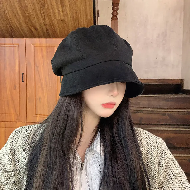 Three-In-One Beret Women Black Small Face Winter Pile Duck Tongue Octagonal Hat - Image 6