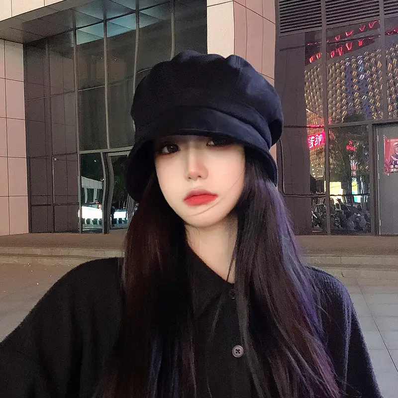 Three-In-One Beret Women Black Small Face Winter Pile Duck Tongue Octagonal Hat - Image 7