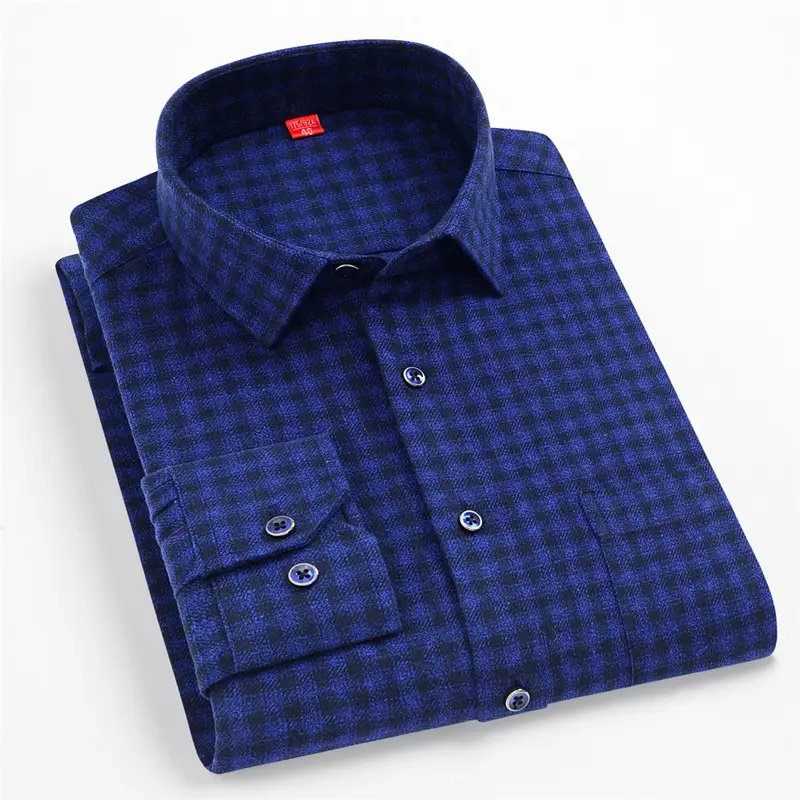 Men Plaid Checkered Slim Fit Shirt Blue Long Sleeve - Image 9