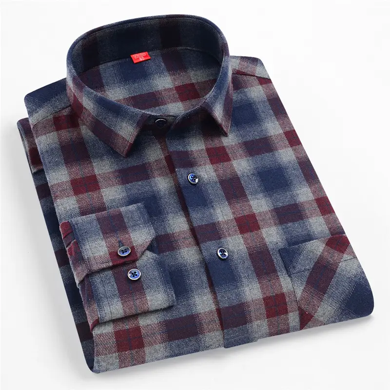 Men Plaid Checkered Slim Fit Shirt Blue Long Sleeve - Image 10