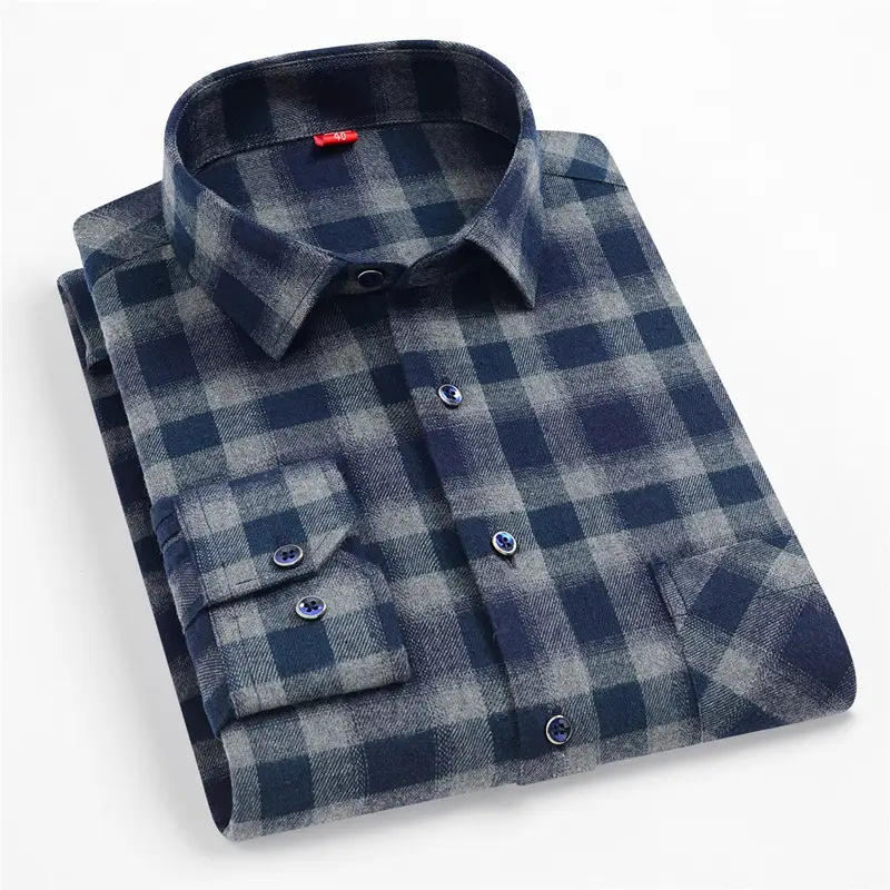 Men Plaid Checkered Slim Fit Shirt Blue Long Sleeve - Image 11