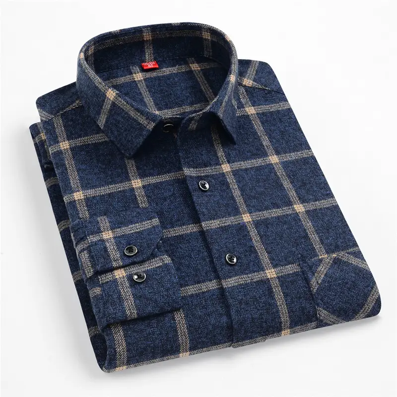 Men Plaid Checkered Slim Fit Shirt Blue Long Sleeve - Image 2