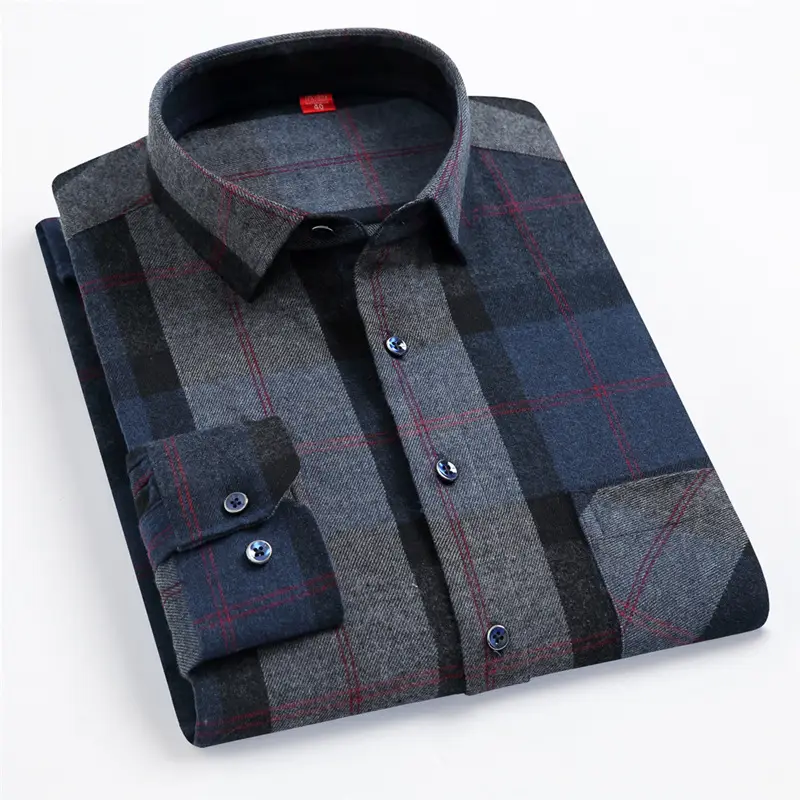 Men Plaid Checkered Slim Fit Shirt Blue Long Sleeve - Image 4