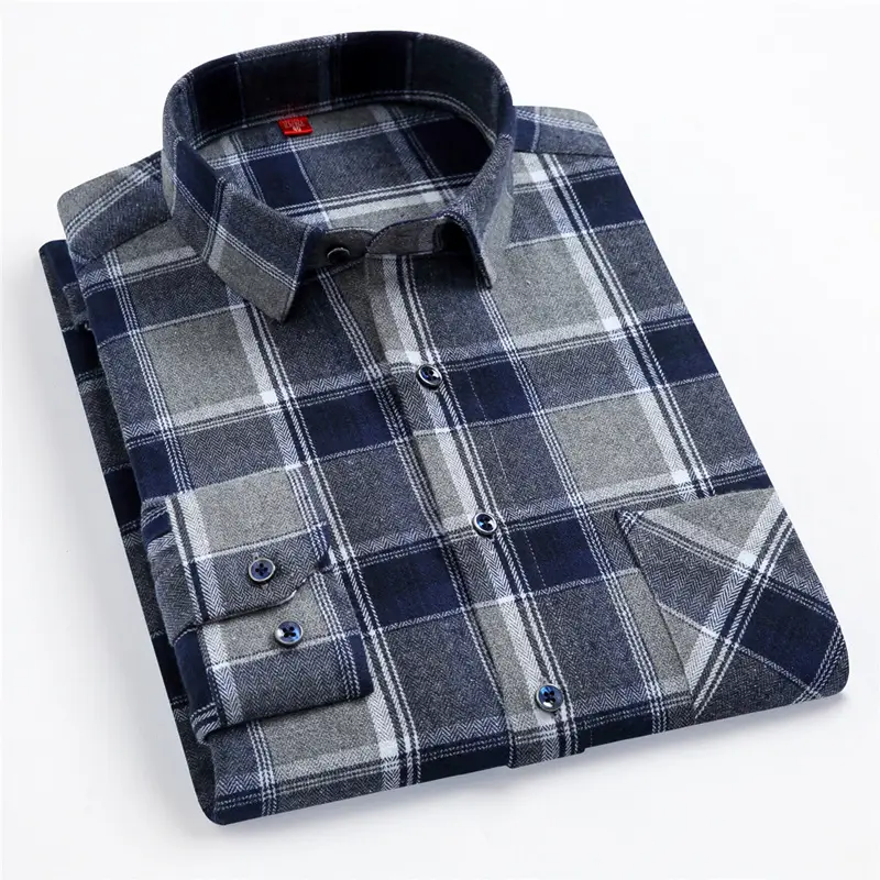 Men Plaid Checkered Slim Fit Shirt Blue Long Sleeve - Image 6