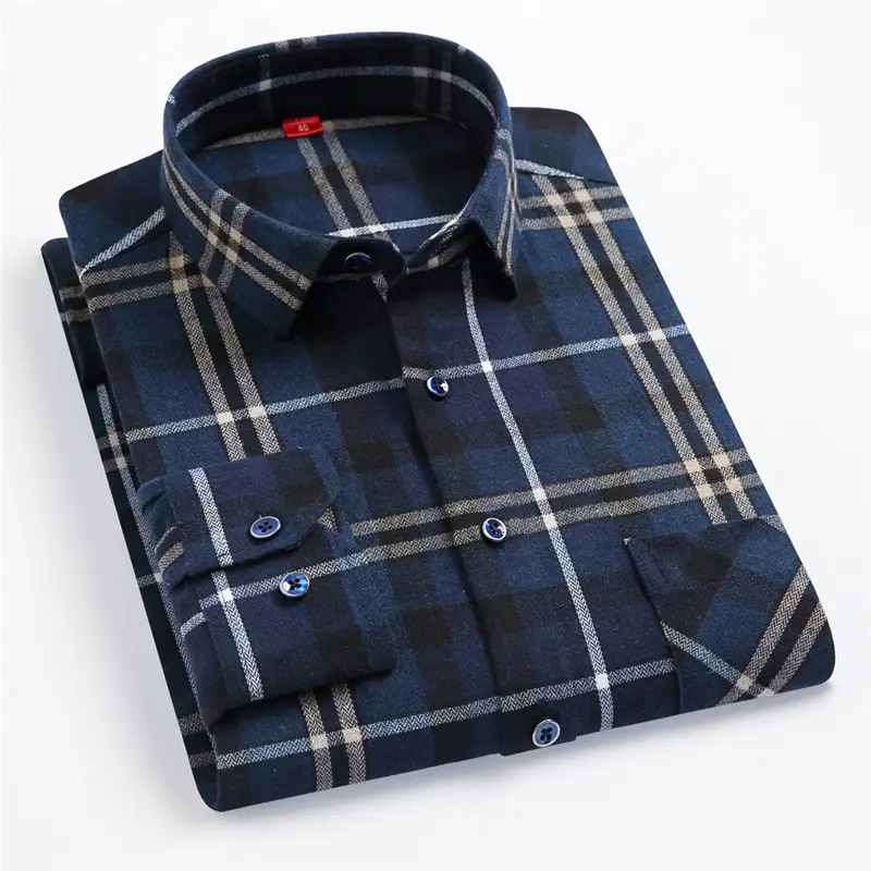 Men Plaid Checkered Slim Fit Shirt Blue Long Sleeve - Image 7