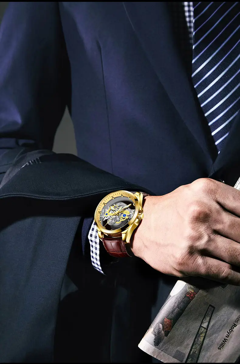 Gold Mechanical Men's Watch with Skeleton Design — feature 11