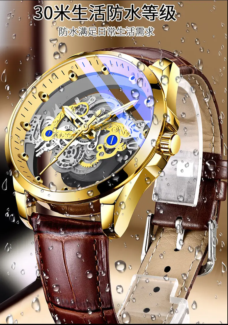 Gold Mechanical Men's Watch with Skeleton Design — feature 12