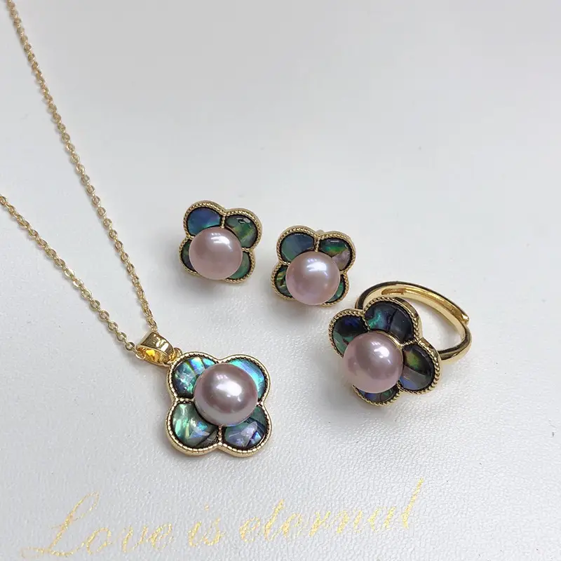 Freshwater Pearl Flower Pendant Earrings Ring Set - Image 3