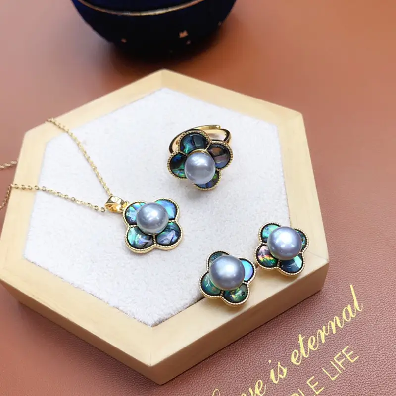Freshwater Pearl Flower Pendant Earrings Ring Set - Image 5