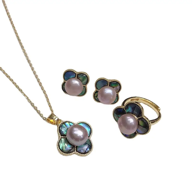 Freshwater Pearl Flower Pendant Earrings Ring Set - Image 7