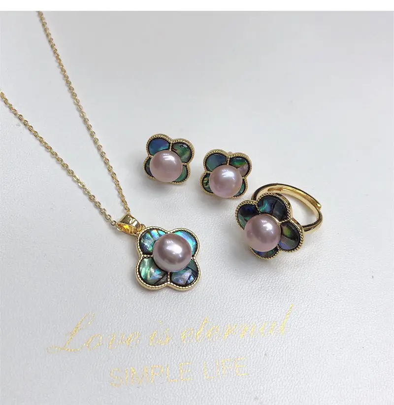 Freshwater Pearl Flower Pendant Earrings Ring Set — feature 7