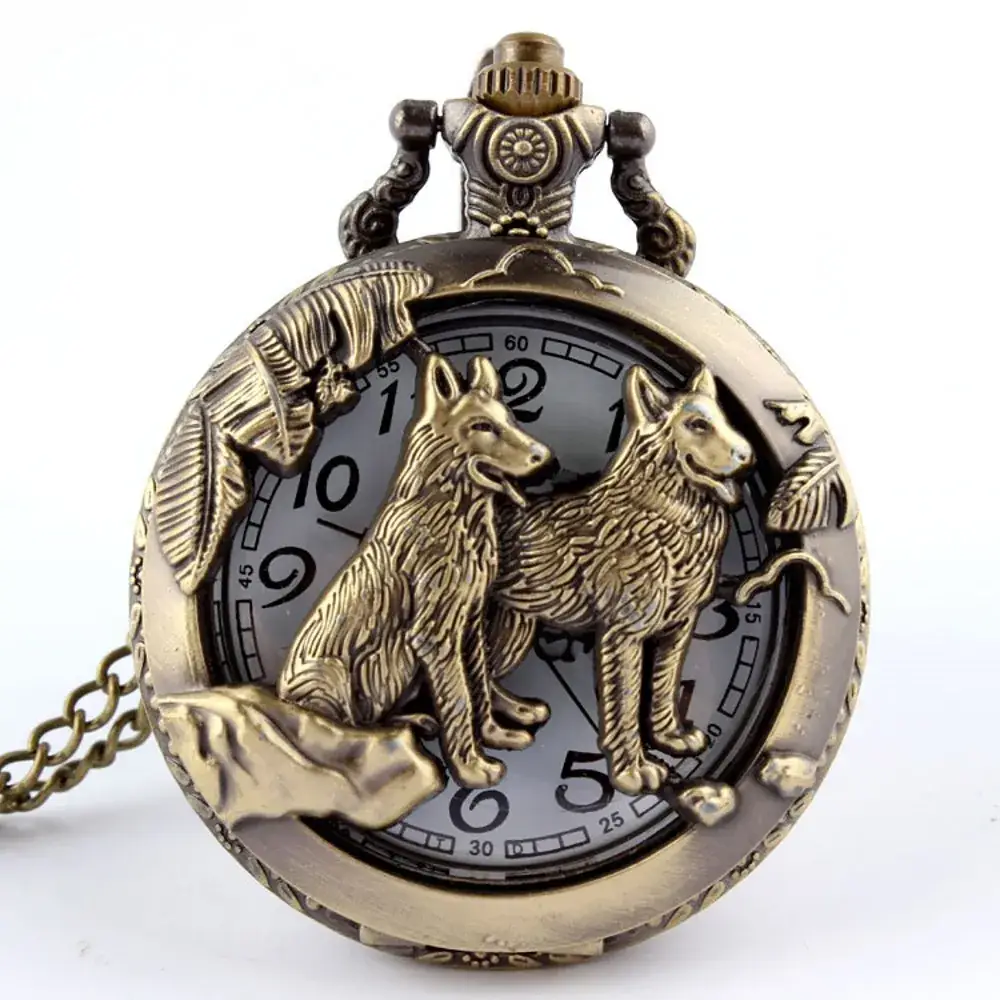 Retro Bronze Wild Wolf Pocket Watch with Gold Chain - Image 4