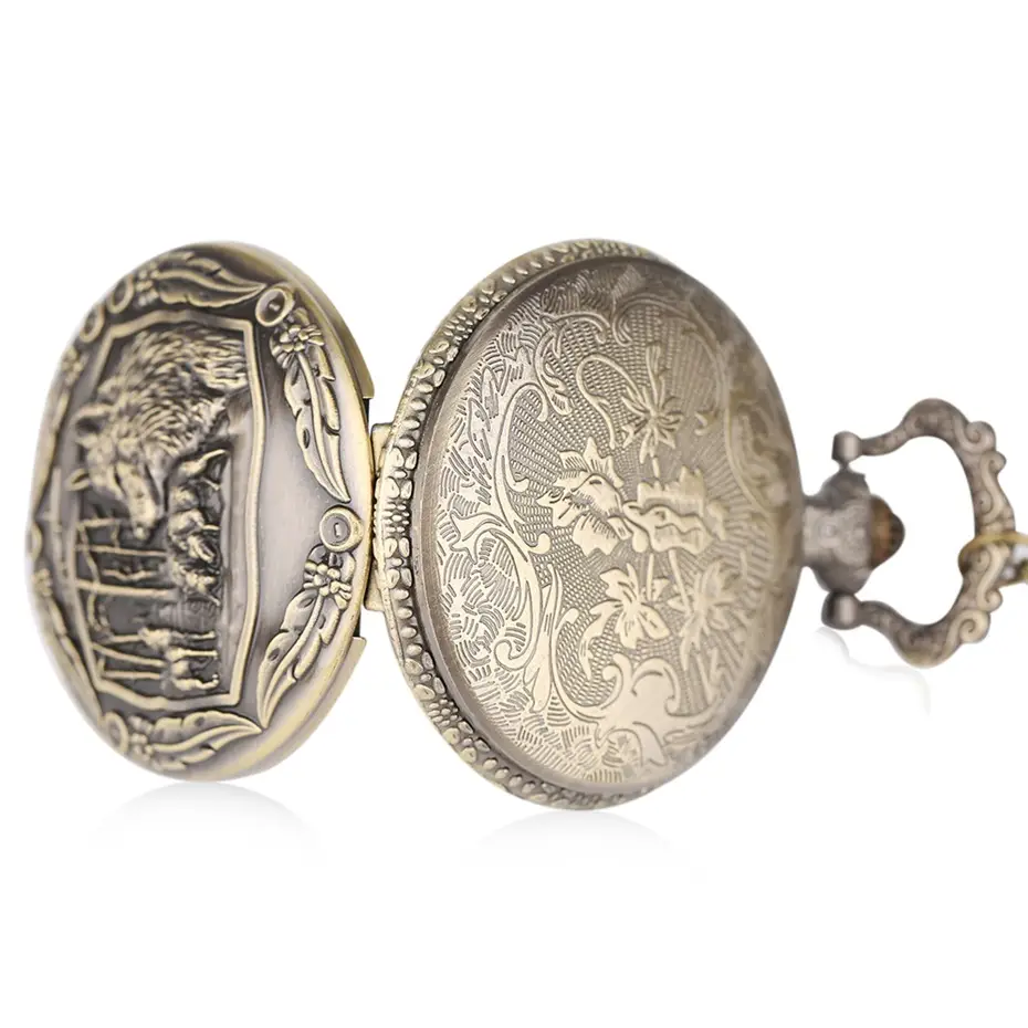Retro Bronze Wild Wolf Pocket Watch with Gold Chain — feature 13
