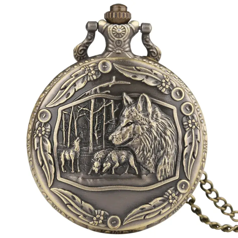 Retro Bronze Wild Wolf Pocket Watch with Gold Chain - Image 3