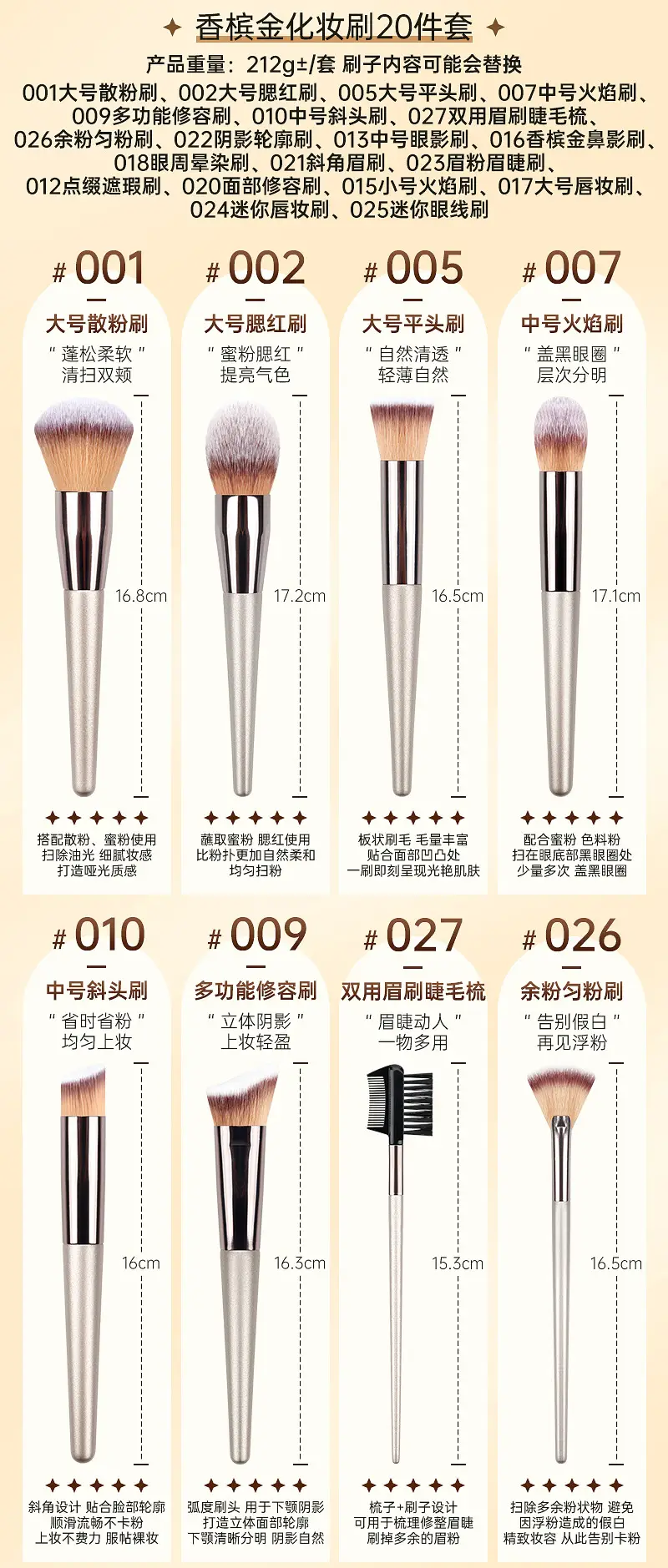 Luxury 10-Piece Makeup Brushes Set Champagne Gold Light β feature 12