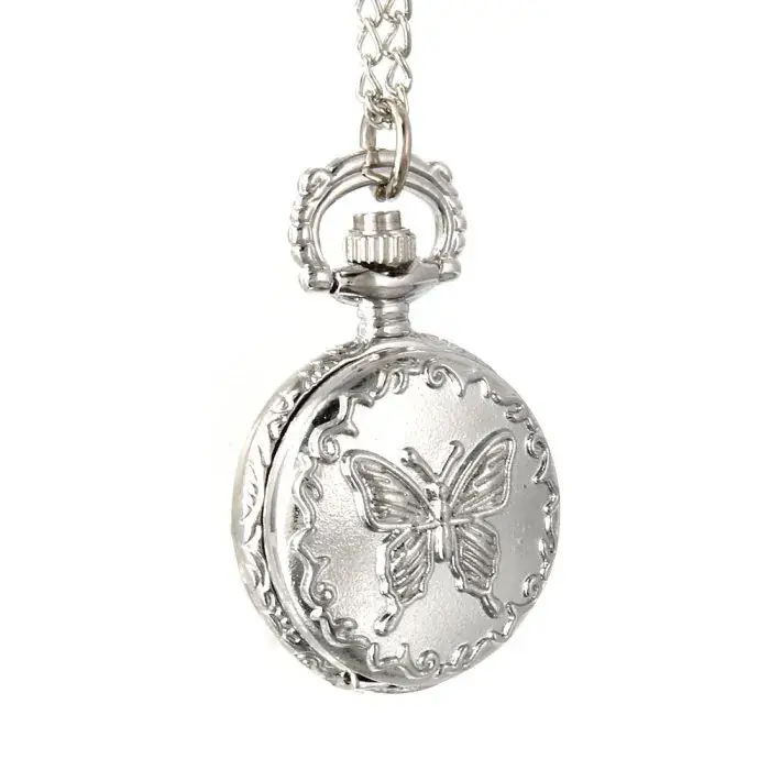 Vintage Silver Pocket Watch Necklace with Butterfly Design - Image 3