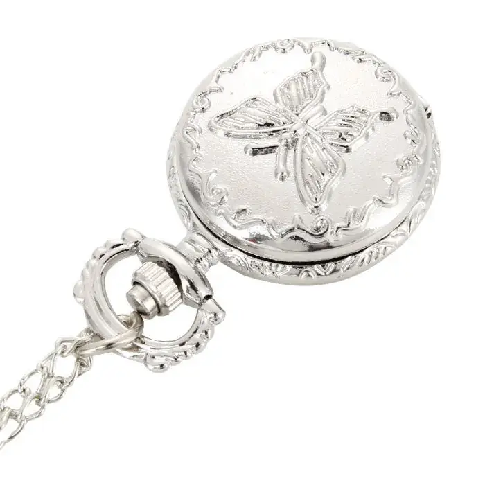 Vintage Silver Pocket Watch Necklace with Butterfly Design - Image 4