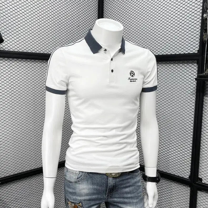 Men's White Polo T-Shirt with Blue Trim - Image 4