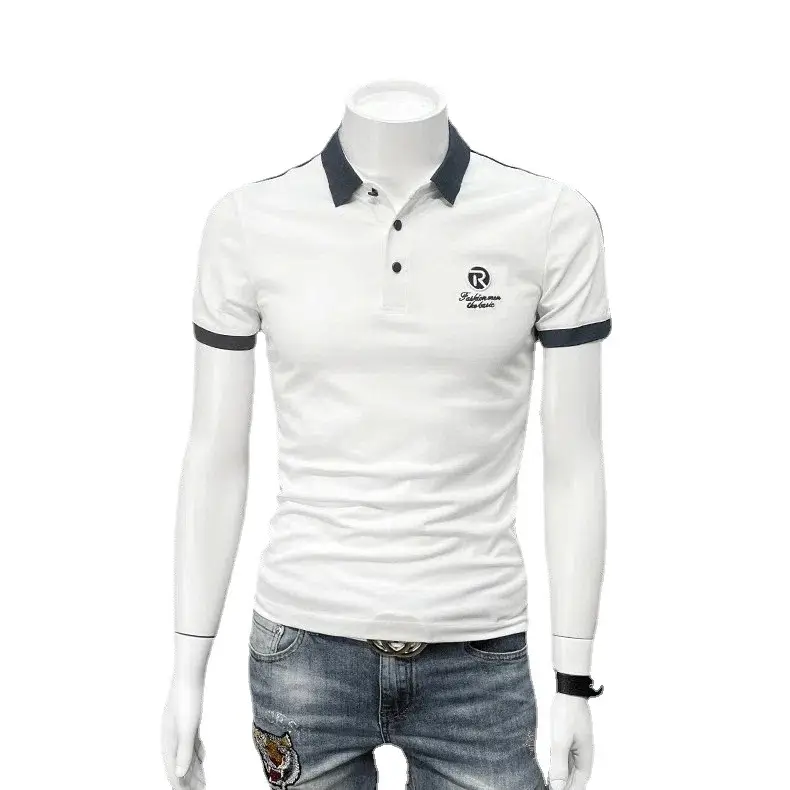 Men's White Polo T-Shirt with Blue Trim - Image 7