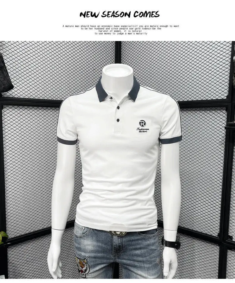 Men's White Polo T-Shirt with Blue Trim — feature 10