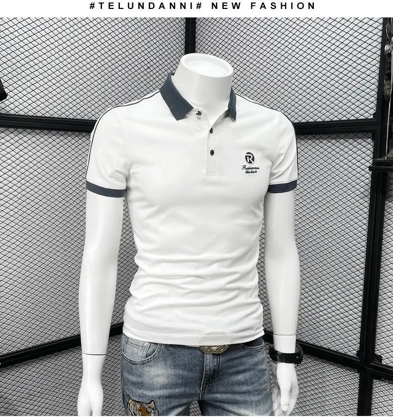 Men's White Polo T-Shirt with Blue Trim — feature 11