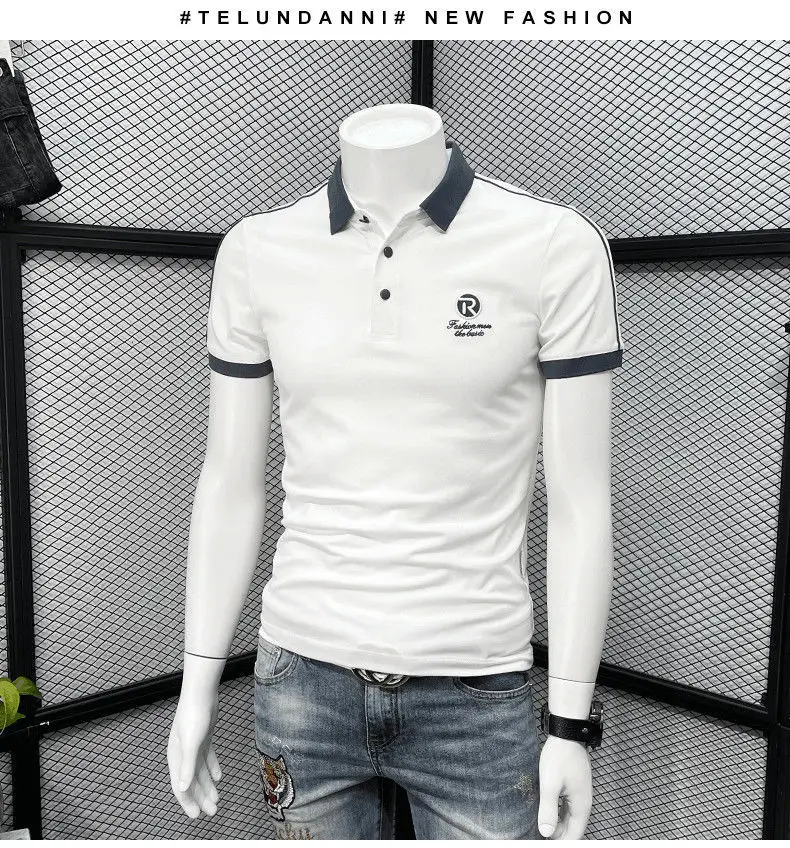 Men's White Polo T-Shirt with Blue Trim — feature 12