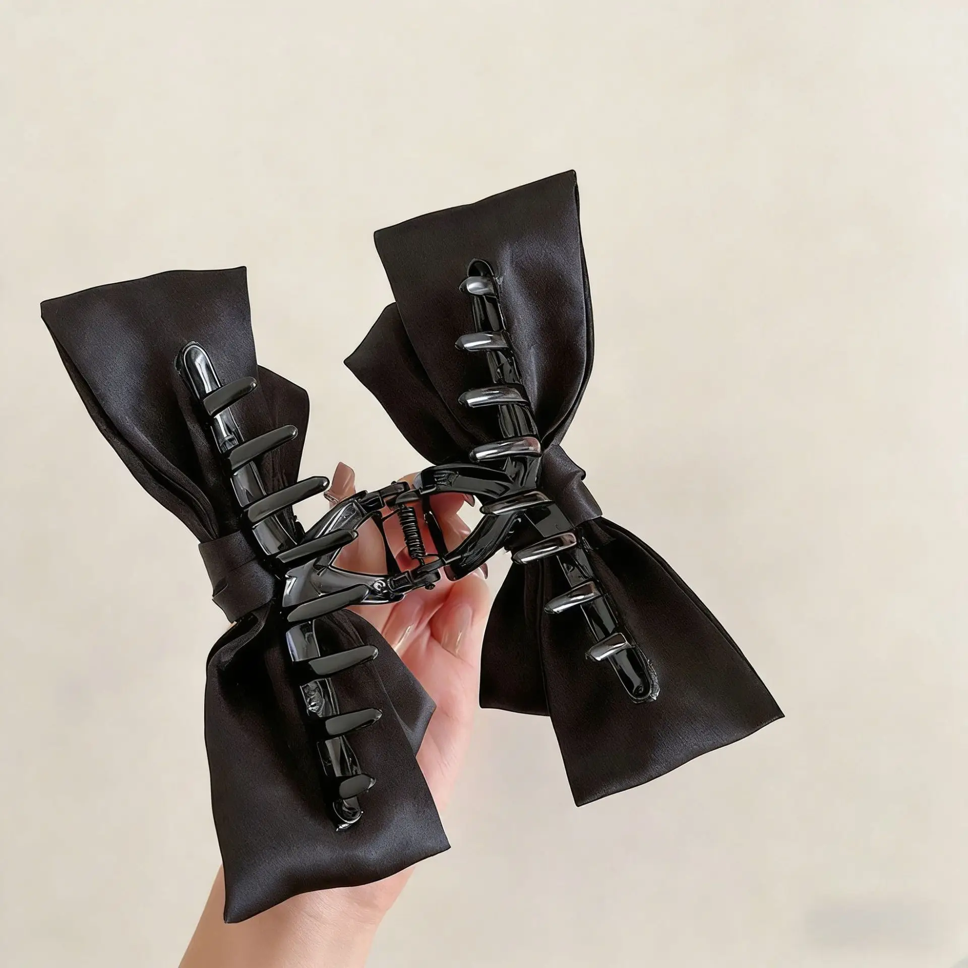 Black Satin Bow Hairpin with Red Shark Clip - Image 8