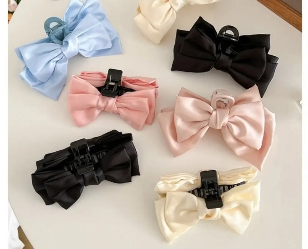 Black Satin Bow Hairpin with Red Shark Clip — feature 1
