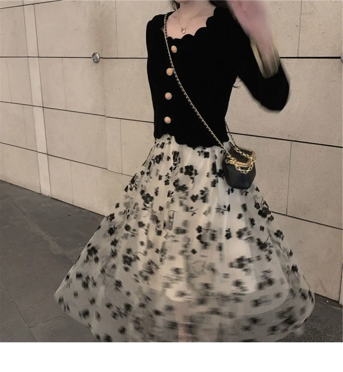 Women Velvet Black Square Neck Shirt with Floral Skirt Set