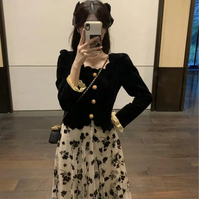 Women Velvet Black Square Neck Shirt with Floral Skirt Set