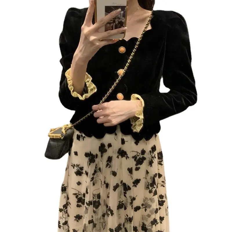 Women Velvet Black Square Neck Shirt with Floral Skirt Set